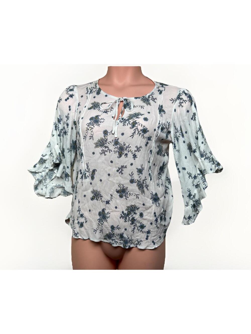 Women's LC LAUREN CONRAD White w Blue Floral Flutter Sleeve Blouse Size Medium